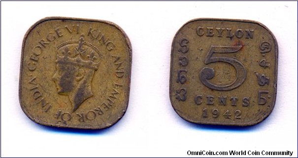 George 6th king emperor 
Ceylon 
5 cents