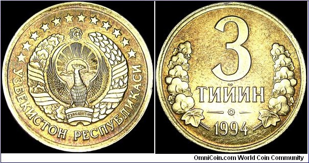 Uzbekistan - 3 Tityin - 1994 - Weight 2,7 gr - Brass plated steel - Size 19,9 mm - President / Islam Karimov (1991-) - Edge : Reeded - Reference KM# 2.2 (1994)