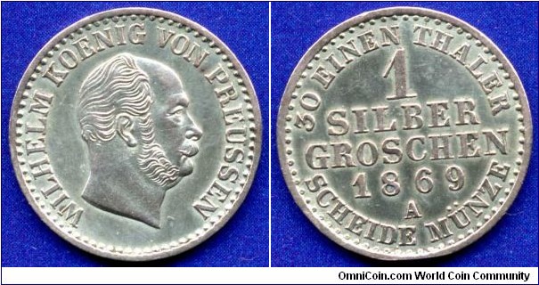 1 silber groschen.
Kingdom of Prussia.
Wilhelm I (1861-1888).
*A* - Berlin mint.


Ag222f. 2,19gr.