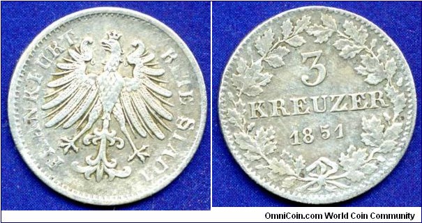 3 kreuzer.
Freie Stadt Frankfurt.
Double blow of the stamp on the obverse.
Mintage 158,000 units.


Ag330f. 1,29gr.