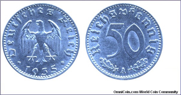 3rd Empire, 50 pfennigs, 1935, Al, MM: A (Berlin), Imperial eagle.