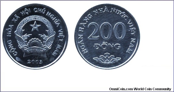 Vietnam, 200 dongs, 2003, Ni-Steel, 20.75mm, 3.1g, Coat of Arms.