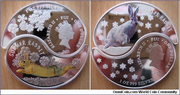 2 x 1 Dollar - Year of the Rabbit (split coin Yin and Yang) - 2 x 1 oz Ag .999 Proof - mintage 10,000