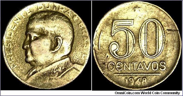 Brazil - 50 Centavos - 1948 - Weight 5,0 gr - Aluminum / Bronze - Size 21,2 mm - President / Gaspar Dutra (1946-51) - Obverse / Bust of General Eurico Gaspar Dutra - Edge : Reeded - Mintage 32 023 000 - Reference KM# 563 (1948-56)