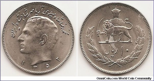 10 Rials -SH1352-
KM#1179
Copper-Nickel   Obv: Head left, legend above, date below Rev: Crown above lion, sun and numeral value within wreath
