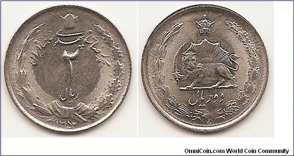 2 Rials -SH1354-
KM#1173
3.0000 g., Copper-Nickel   Obv: Value within crowned wreath Obv. Leg.:  “Muhammad Reza Pahlavi” Rev: Radiant lion holding sword within crowned wreath