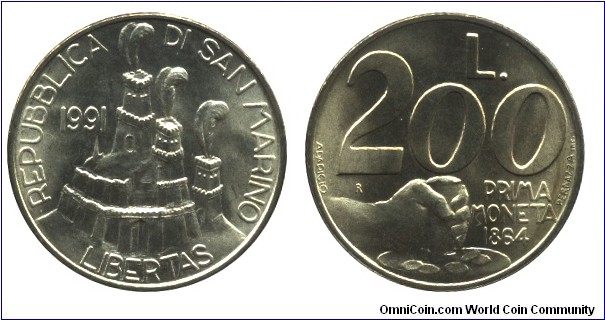 San Marino, 200 liras, 1991, Al-Bronze, 24mm, 5g, Prima Moneta 1884.