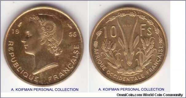 KM-E4, 1956 French West Africa essai 10 francs; aluminum-bronze, plain edge; toned in places but nice, mintage 2,300.
