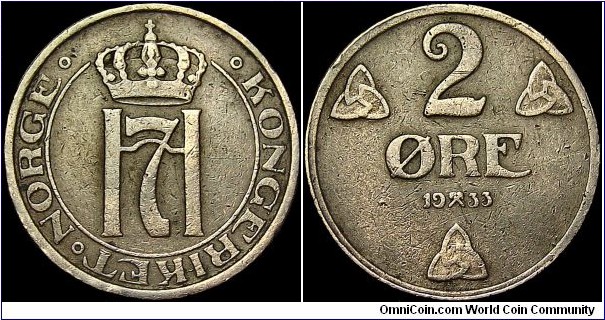 Norway - 2 Öre - 1933 - Weight 4,0 gr - Bronze - Size 21 mm - Ruler / Haakon VII (1905-57) - Mint mark / Crossed hammers = Kongsberg - Edge : Plain - Mintage 750 000 - KM# 371 (1909-52)