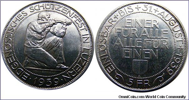 5 Francs, Schutzenfest in Luzern 31 August, Silver Ag, Medalier-Weiderkehr, Nakład- 40 000 