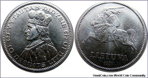 10 Litu, Grand Duke Vytautas Didysis,18 g, .750 Silver , .4340 oz 