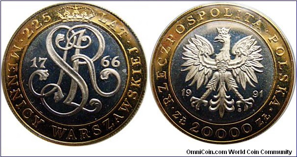 20000 ZŁ , 225th Anniversary of Warsaw Mint, Copper- Nickel center, Brass- ring 