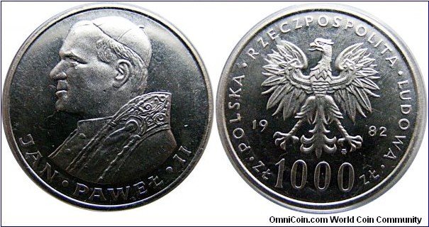 1000 zł , Visit of Pope John Paul II, 14,5 g., .750 Silver, .3497 oz