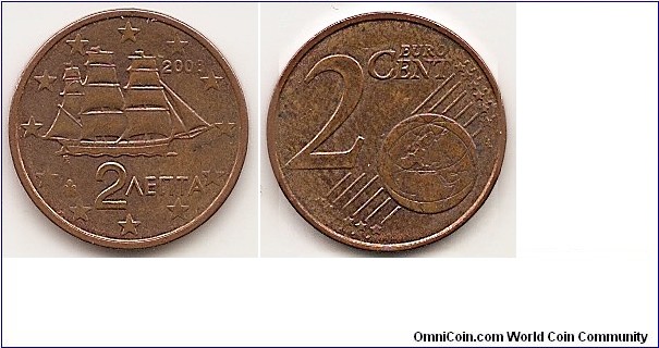 2 Euro Cent
KM#182
3.0300 g., Copper Plated Steel, 18.7 mm.   Subject: Euro Coinage Obv: Corvette sailing ship Obv. Designer: George Stamatopoulos Rev: Denomination and globe Rev.Designer: Luc Luycx Edge: Grooved