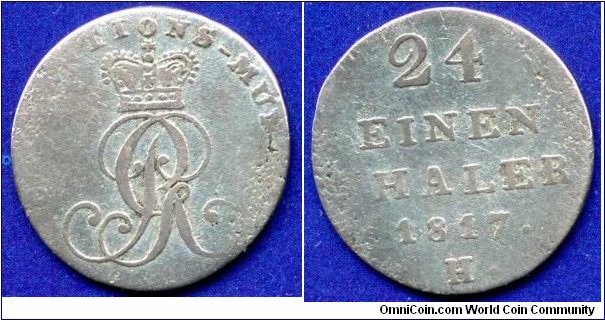 1/24 Thaler (Groschen).
Kingdom of Hannover.
George III (1760-1820), King of Britain.
*H* - mintmaster Christian Henrich Haase, work in 1802-17.
1/24 Convention Thaler - Conventions-münze.
Mintage 946,000 units.


Ag317f. 1,96gr.