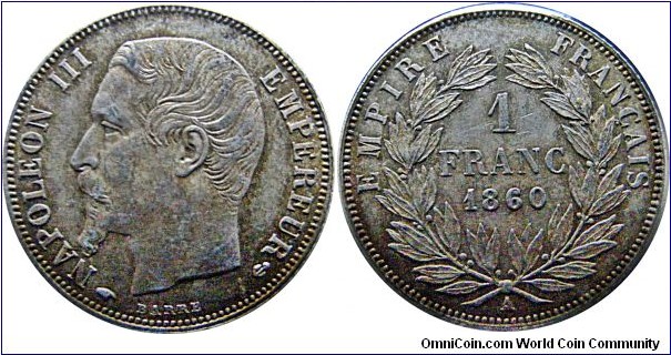 1 franc A - Paris, 5g., .900 Silver, .1446 oz. 
