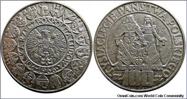 100 Zlotych (MW) Polish Millenium , 20 g. , .900 Silver, .5787 oz. 