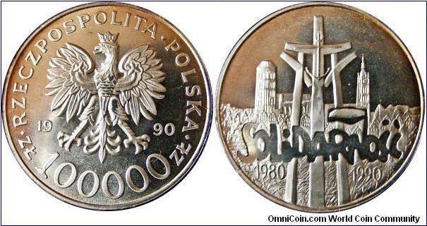 100000 Zlotych A-wersion , 10th Anniversary of Solidarity, 31,1 g., .999 Silver, 1 oz 