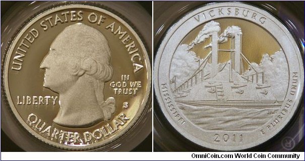 Vicksburg, Miss.  Quarter depicting the U.S.S. Cairo on the Yazoo River.  Was the first warship sunk by an electronically detonated 