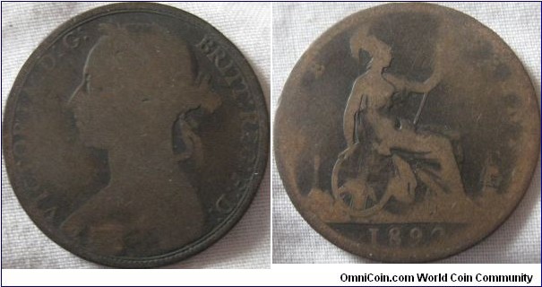 1892 penny, fair condition