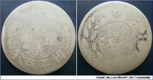 China Xinjiang 1907-1910 5 miscals. Struck in coin alignment instead of medal like most other Chinese coins. Weight: 17.2g. 