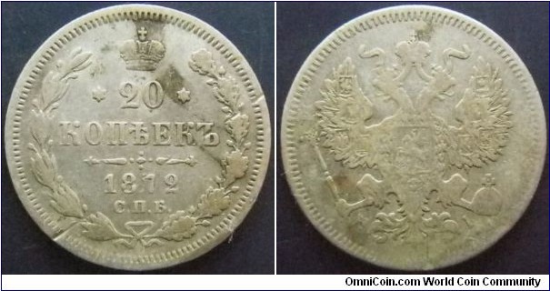 Russia 1872 20 kopek. Damaged. Weight: 3.5g