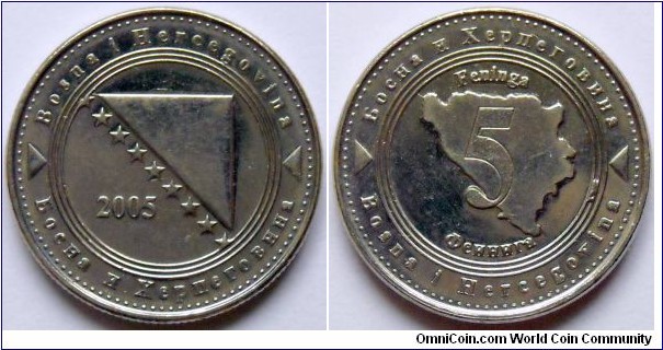5 feninga.
2005, Bosnia and Herzegovina. 
Nickel-steel.
Weight; 2,7g.
Diameter; 18mm.
Reeded edge.  Design; Kenan Zekic.
Mint; The Royal Mint - London.
Mintage; 20.000.000 units.