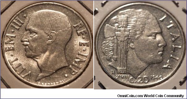 20 Centesimi, Fascist period coin, King V.Emanuele III, WWII
