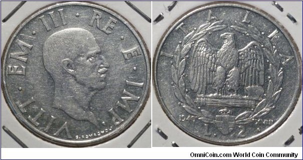 2 Lire, Fascist period coin, King V.Emanuele III, WWII