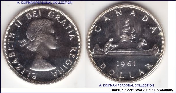 KM-54, 1961 Canada dollar; silver, reeded edge, proof like; nice strong cameo like effect
