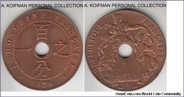 KM-12.1, 1939 French Indo China centime, Paris Mint (A mint mark); bronze, plain edge; bright red uncirculated, good specimen.