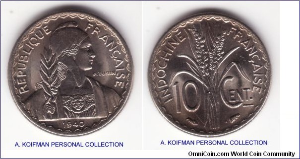 KM-21.1, 1940 French Indochina 10 centimes, Paris mint; nickel, reeded edge; average uncirculated; bright nickel
