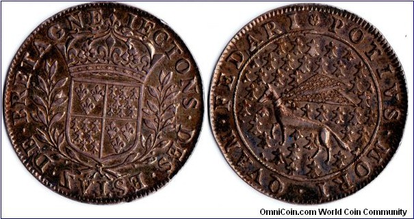 silver jeton (nd) minted in 1655 for members of the Bretonese parliament. This type has retrograde Z in `Estaz@ (obverse legend). Die crack also apparent. Rare, and particularly so in such high grade. Mint lustre