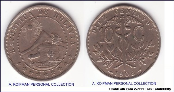 KM-174.3, 1908 Bolivia 10 centavos, Paris mint (privy marksaround date on reverse); copper nickel, plain edge; good very fine to extra fine, possibly weak strike.