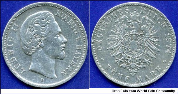 5 Mark.
German Empire.
Ludwig II (1864-1886) von Bayern.
*D* - München mint.
Mintage 85,000 units.


Ag900f. 27,77gr.
