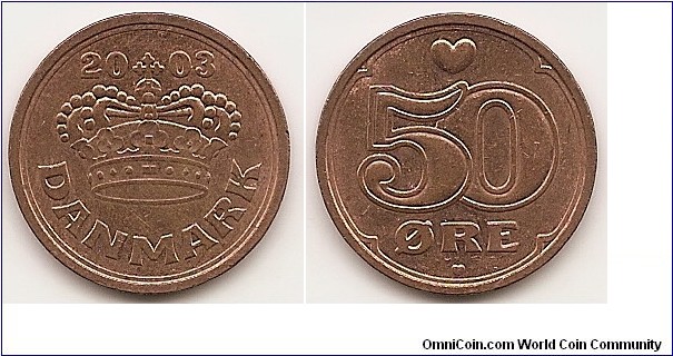 50 Ore
KM#866.3
4.3000 g., Bronze, 21.48 mm.   Ruler: Margrethe II Obv: Large crown divides date above Rev: Small heart above denomination Edge: Plain Note: No initials