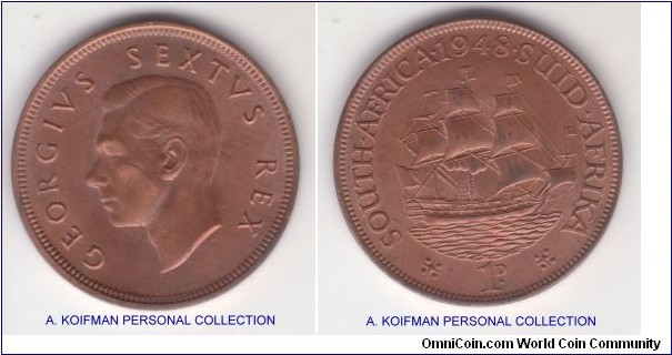 KM-34.1, 1948 South Africa (Dominion) penny; bronze, plain edge; reddish lightly toned about uncirculated