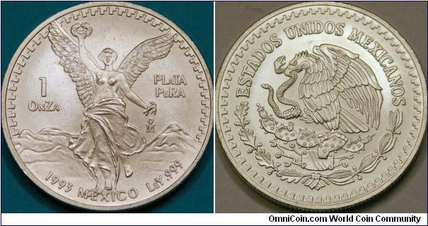1 oz Libertad silver bullion coin, with the Angel of Independence and Mexico coat of arms (eagle battling a snake). 36 mm. smaller diameter but thicker than US bullion coin.