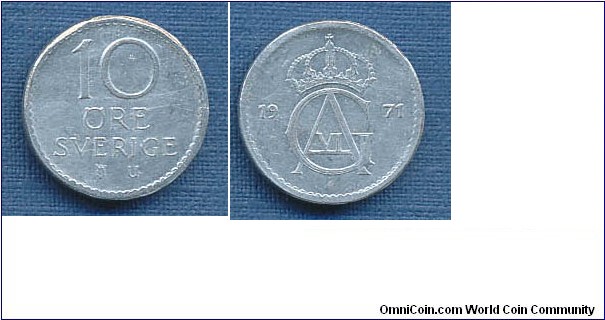10 ore struck in aluminium, normal is nickel, possibly by mistake struck on a pattern 1 ore planchet, as they where made at this time, found in channge in Borås. 