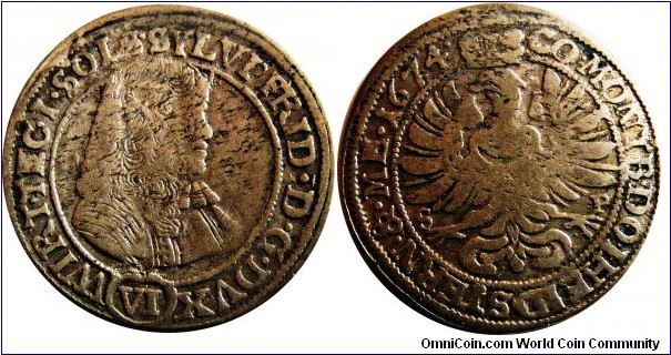 6 Kreuzer- Wurtenberg- Oels, Ag, 2,98 g. ,Sylvius Frederich (1668-1697), Unlisted in Krause, Mintmaster Samuel Pfahler, 