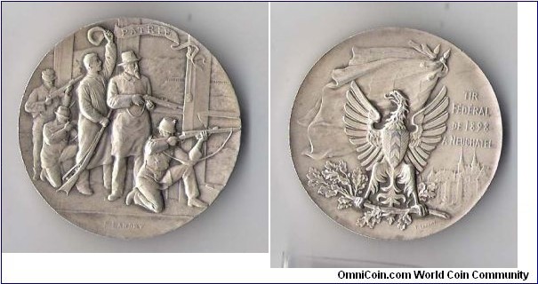 Swiss Shooting Fest Tir Federal A Neuchatel by Fritz Landry, Silver 45mm. Mintage: 4,250
