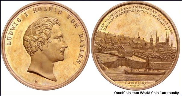 City view medal, 1845, by Drentwett and Rabausch, on the construction of the Ludwig-channel.