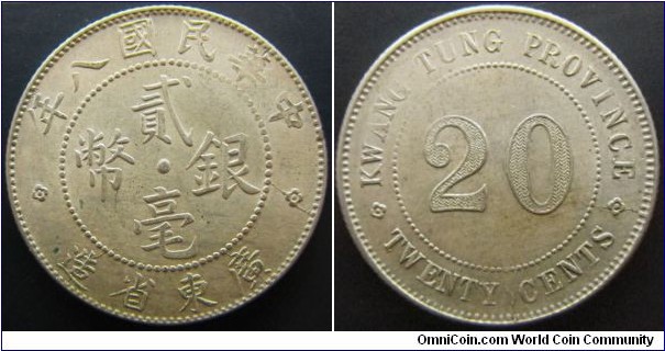 	China Guangdong Province 1919 20 cents. Pretty much UNC. Weak strike. 