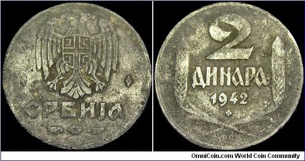 Serbia - 2 Dinara - 1942 - Weight 4,0 gr - Zinc - Size 22,1 mm - Alignment Coin (180°) - German occupation WWII - Führer / Adolf Hitler (1934-45) - Mint mark : BP = Budapest - Edge : Plain - Mintage 40 000 000 - Reference KM# 32 (1942) 