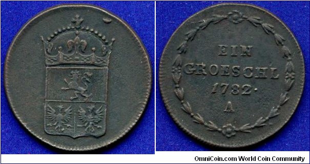 1 groeschl (3/4 kreuzer, 3 pfennig).
Austrian Bohemia.
Ioseph II (1765-1790) Emperor of Holy Roman Empire.
*A* - Wien mint.


Cu.