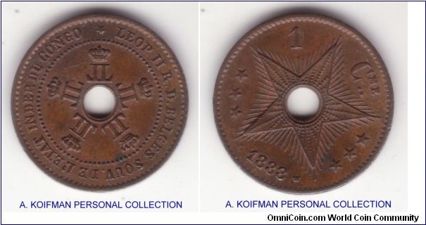 KM-1, 1888 Congo Free State (belgiam Congo) centime; copper, reeded edge; uncirculated or so, brown