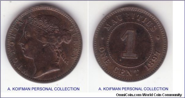 KM-7, 1897 Mauritius cent; bronze, plain edge; brown but some luster showing from the patina, about uncirculated and nicer than the scan shows.