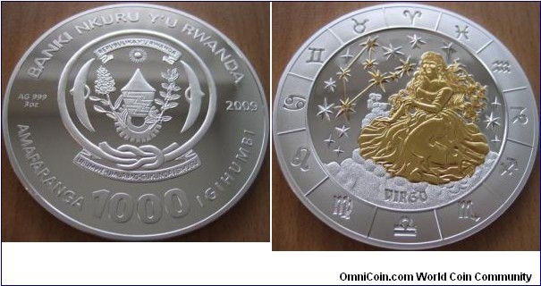 1000 Francs - Zodiac sign : Virgo - 3 oz Ag .999 Proof (partially gold plated with 4 diamonds) - mintage 500 pcs only ! (hard to find!)