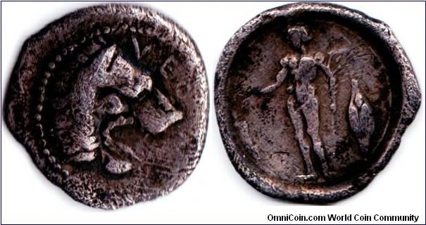 silver litra from the Sicilian city state of Leontini circa 455-430 BC.