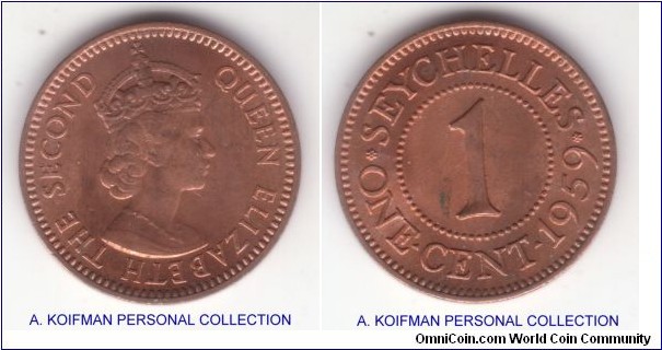 KM-14, 1959 Seychelles cent; bronze, plain edge; mostly red, some brown darkening it but clearly uncirculated specimen, scarcer mintage of 30,000